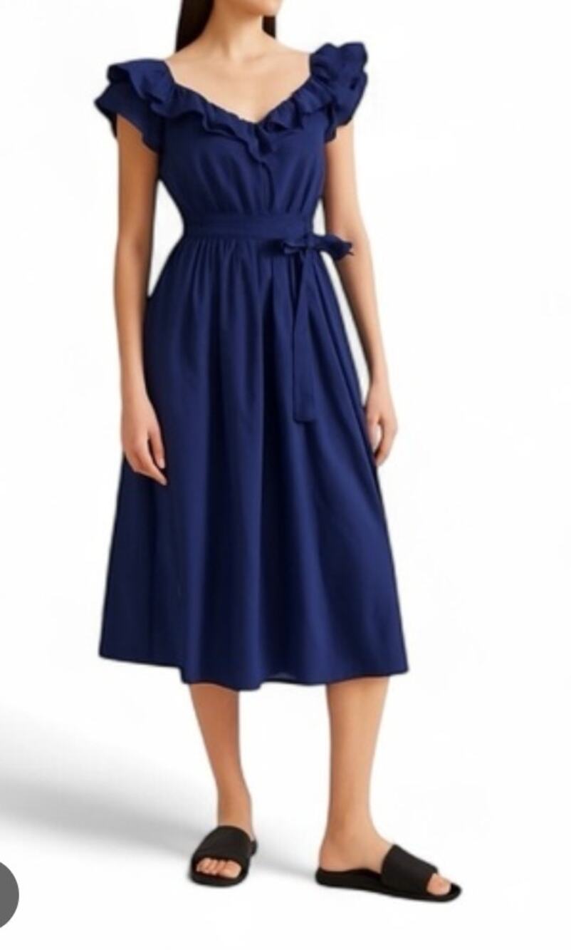 Hill House The Ava Ruffle Strap Belted Tie Waist Midi Dress Navy Blue XS